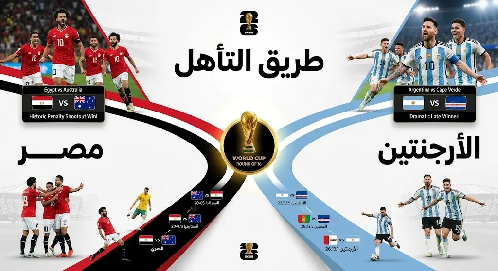 إنفوجرافيك يوضح مسار تأهل منتخبي مصر والأرجنتين إلى دور الستة عشر في كأس العالم 2026 بعد تجاوزهما أستراليا وكاب فيردي.