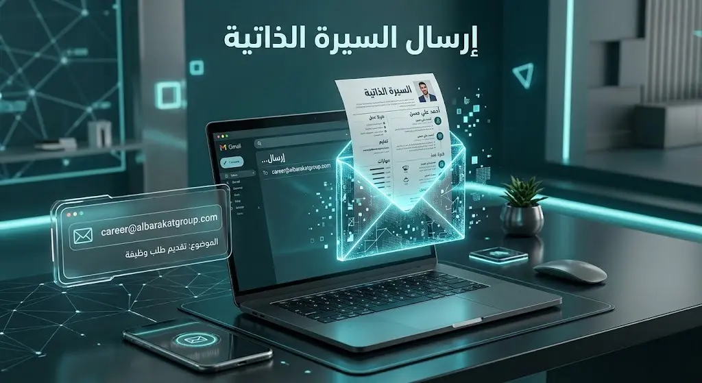 تصميم ثلاثي الأبعاد يوضح طريقة إرسال السيرة الذاتية عبر البريد الإلكتروني للتقديم على وظائف قطاع البصريات.