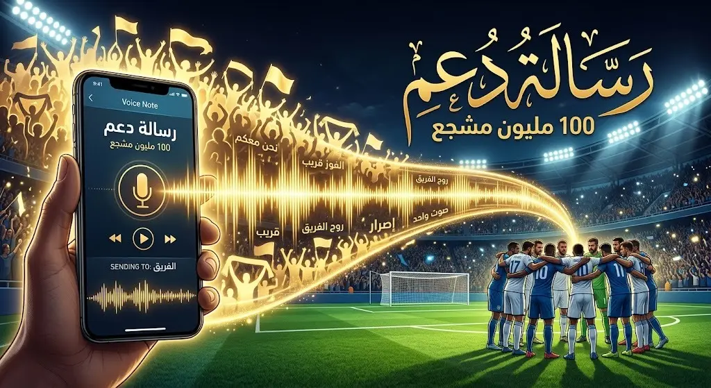 رسم تعبيري يجسد إرسال رسالة صوتية تحفيزية للاعبي المنتخب تمثل دعم ملايين المشجعين المصريين