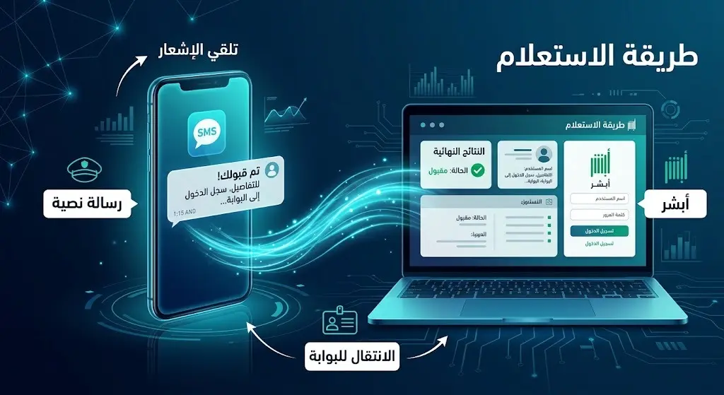 تصميم رقمي يوضح خطوات الاستعلام عن نتيجة القبول عبر الرسائل النصية ومنصة أبشر للتوظيف.