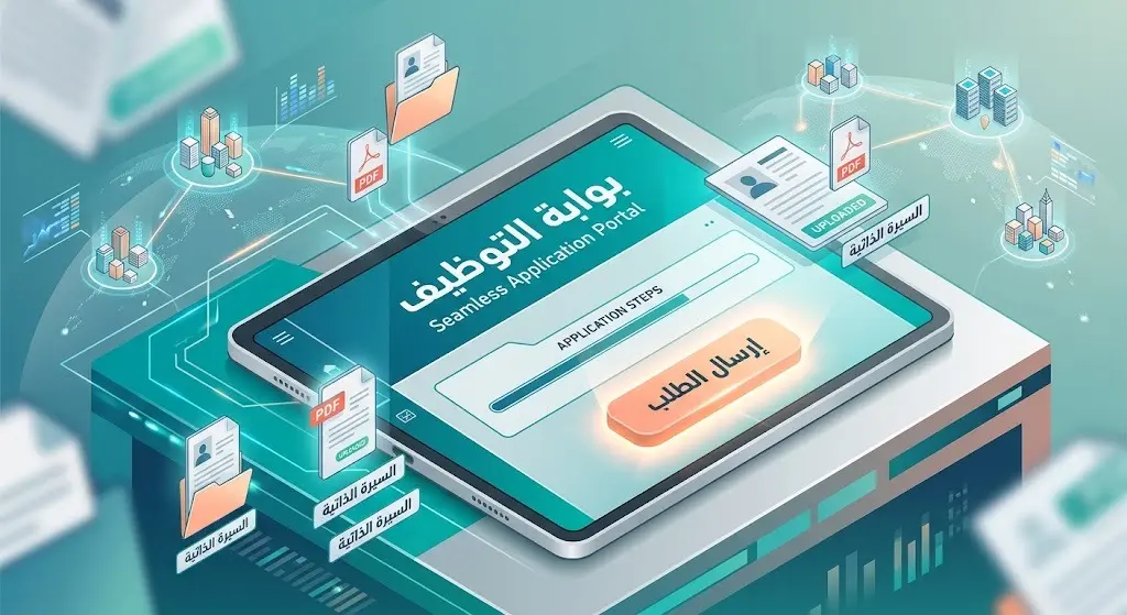 تصميم فني لشاشة حاسوب تعرض بوابة التوظيف الإلكترونية لرفع السيرة الذاتية وتقديم الطلبات