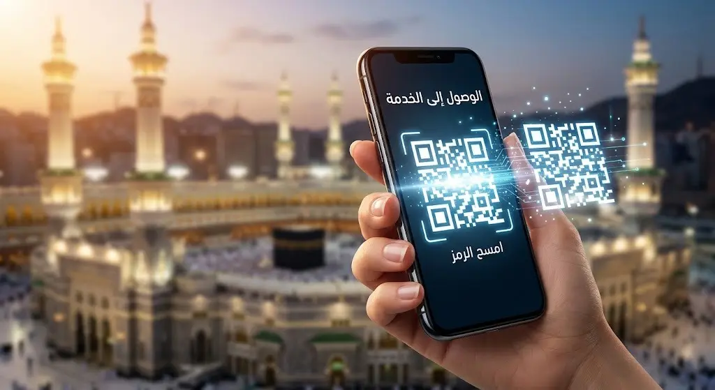 تصميم يعرض استخدام الهاتف الذكي لمسح رمز الاستجابة السريعة (QR) للوصول إلى خدمة مؤشرات الكثافة.