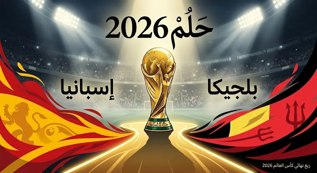 تصميم درامي يجسد طريق المنتخب الإسباني نحو كأس العالم 2026 والمواجهة المرتقبة ضد المنتخب البلجيكي
