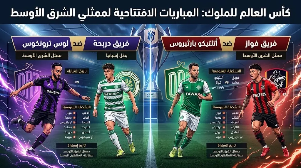 تصميم رياضي يبرز مواجهات الفرق العربية؛ فريق دربحة ضد لوس ترونكوس، وفريق فواز ضد أتلتيكو بارثيروس في افتتاح دوري الملوك.