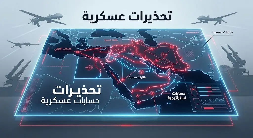 تصميم مفاهيمي لغرفة عمليات عسكرية يبرز التوترات والتحذيرات الاستراتيجية مع طائرات مسيرة وصواريخ
