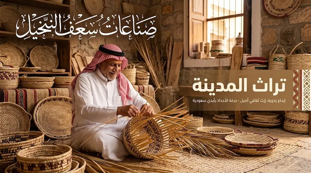 حرفي سعودي يقوم بنسج مشغولات يدوية من سعف النخيل ضمن عروض حية في موسم تمور المدينة المنورة