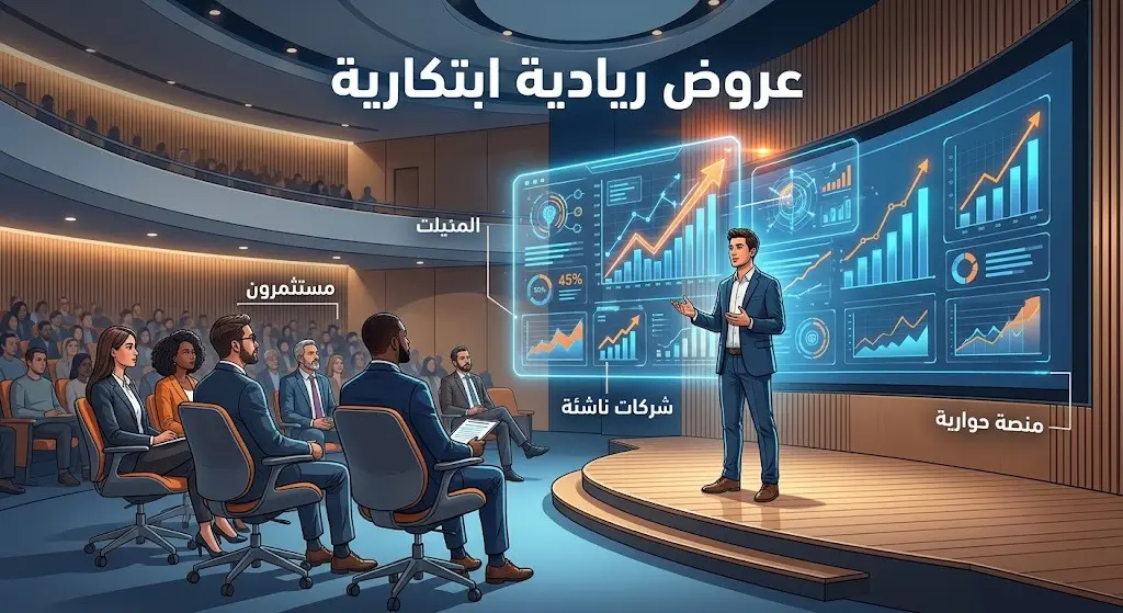 صورة تعبيرية تدمج عناصر الإنفوجرافيك وتظهر رائد أعمال يقدم عرضاً ابتكارياً أمام لجنة من المستثمرين.