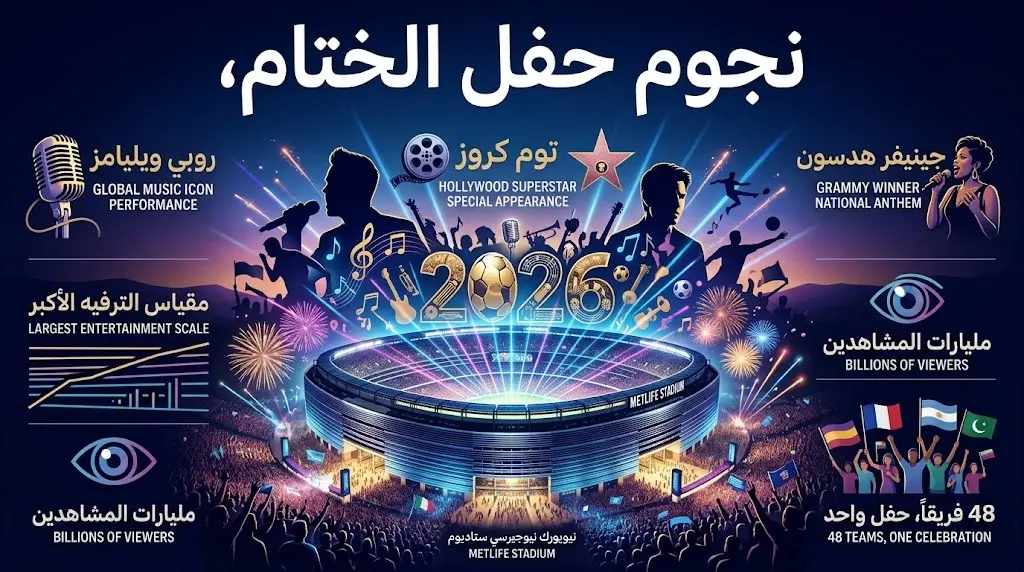 تصميم فني يبرز الأجواء الاحتفالية لحفل ختام كأس العالم 2026 مع إضاءات مبهرة وأسماء لأبرز النجوم المشاركين مثل توم كروز وروبي ويليامز.