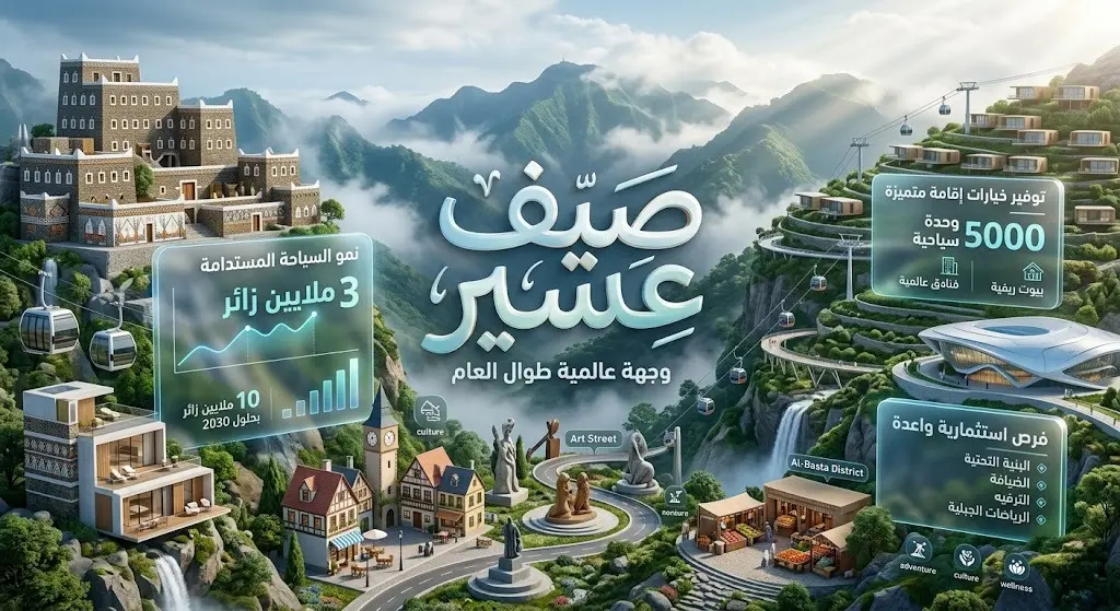 إنفوجرافيك عصري يبرز معالم عسير الجبلية مع أرقام وإحصائيات تسلط الضوء على استهداف 3 ملايين زائر وتجهيز 5000 وحدة سياحية.