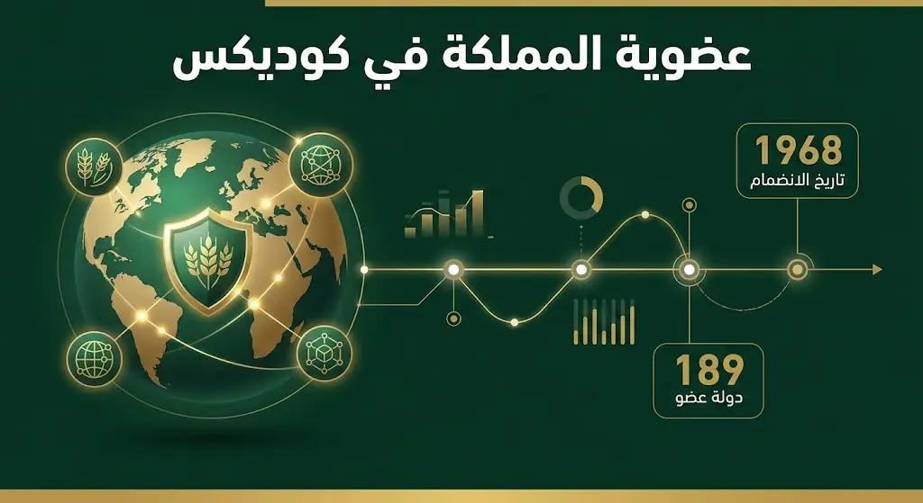 إنفوجرافيك عصري يوضح بيانات عضوية المملكة العربية السعودية في هيئة الدستور الغذائي (كوديكس)، متضمناً تاريخ الانضمام عام 1968 وإجمالي عدد الدول الأعضاء بـ 189 دولة، مع عناصر بصرية تعبر عن الجودة وسلامة الغذاء عالمياً.