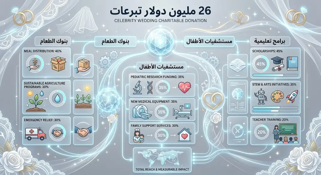 إنفوجرافيك يستعرض توزيع التبرعات الخيرية البالغة 26 مليون دولار على بنوك الطعام ومستشفيات الأطفال والبرامج التعليمية تزامناً مع حفل الزفاف.