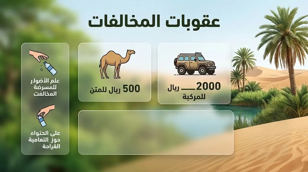 إنفوجرافيك يوضح عقوبات الرعي المخالف ودخول المركبات للمحميات الطبيعية، حيث تبلغ غرامة الإبل 500 ريال للمتن و2000 ريال للمركبات.