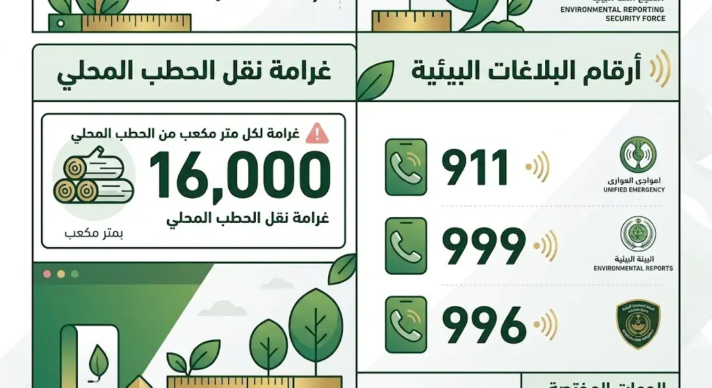 إنفوجرافيك يستعرض غرامة نقل الحطب المحلي التي تصل إلى 16 ألف ريال للمتر المكعب وأرقام قنوات الإبلاغ