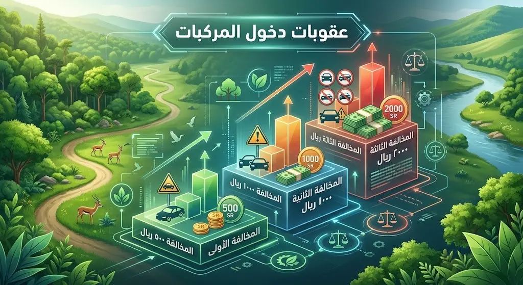 إنفوجرافيك يوضح التدرج في عقوبات دخول المركبات للمناطق المحظورة بيئياً، حيث تبدأ الغرامة من 500 ريال لتصل إلى 2000 ريال سعودي.