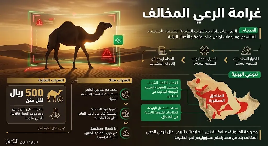 إنفوجرافيك يوضح عقوبة رعي الإبل المخالف في المحميات الملكية وقيمة الغرامة المترتبة على كل متن.