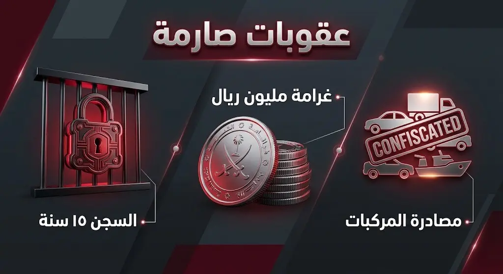 تصميم إنفوجرافيك درامي يستعرض العقوبات الصارمة للمتسترين والتي تشمل السجن لمدة 15 عاماً، غرامة مليون ريال، ومصادرة المركبات.