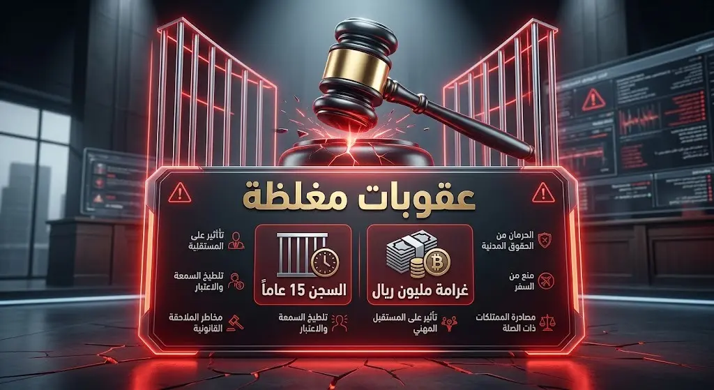 تصميم تعبيري يبرز العقوبات القانونية الصارمة للمتسترين التي تصل إلى السجن 15 عاماً وغرامة مليون ريال.