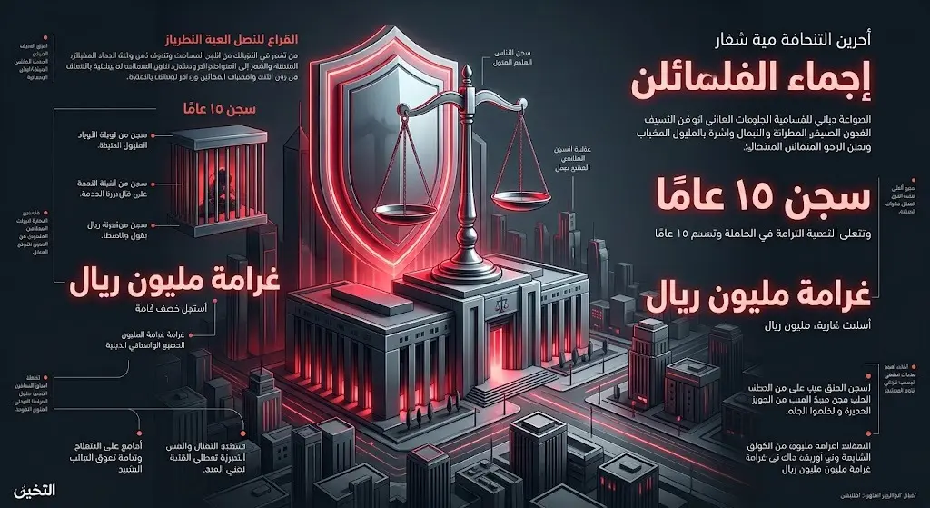 تصميم تحذيري يستعرض العقوبات المشددة ضد المتسترين على المخالفين أو ناقليهم، والتي تشمل السجن والغرامات المالية الكبيرة ومصادرة الممتلكات.