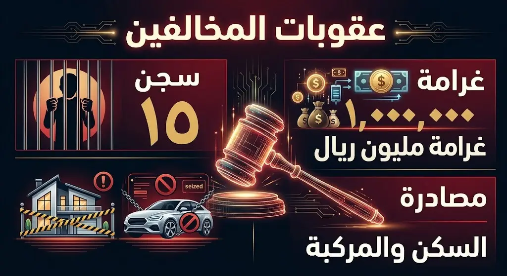 تصميم معلوماتي يوضح العقوبات الصارمة للمتسترين على المخالفين والتي تصل إلى السجن 15 عاماً وغرامة مليون ريال ومصادرة الممتلكات.