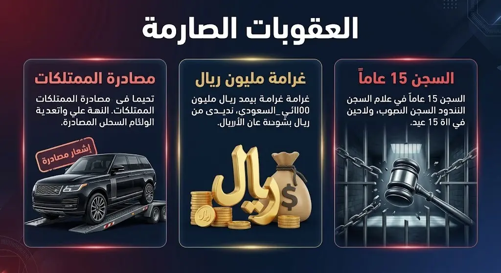 تصميم بصري يبرز العقوبات المشددة لمهربي المخالفين والتي تشمل السجن لمدة 15 عاماً وغرامة مليون ريال ومصادرة المركبات