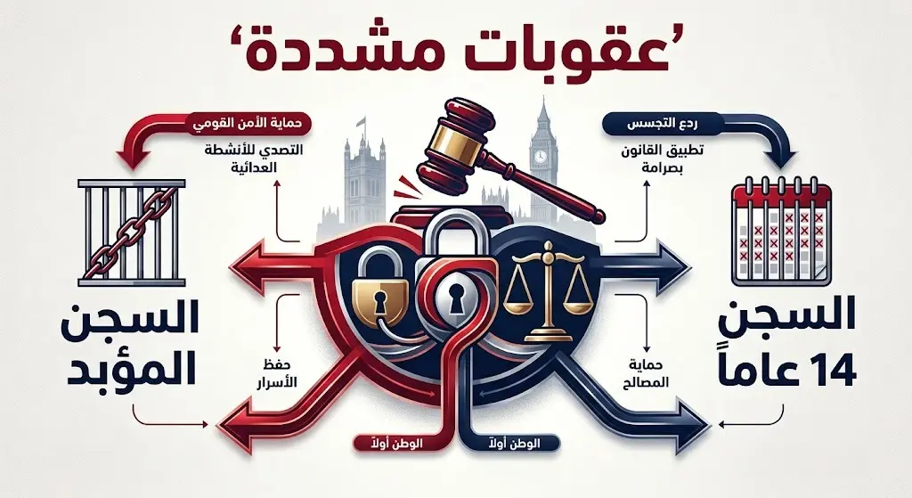 تصميم يبرز العقوبات المشددة في قانون الأمن القومي البريطاني والتي تصل إلى السجن المؤبد لمرتكبي أعمال التخريب.