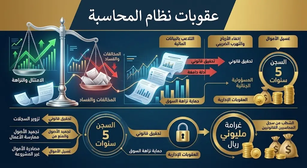 إنفوجرافيك احترافي يستعرض عقوبات نظام مهنة المحاسبة والمراجعة والتي تشمل السجن والغرامات المالية الضخمة.