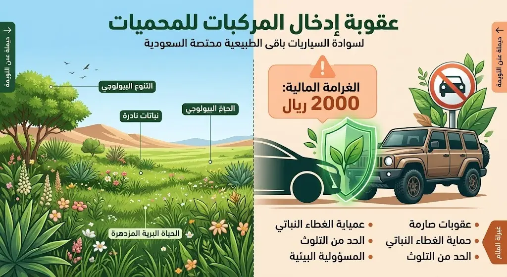 إنفوجرافيك يوضح عقوبة إدخال المركبات إلى المحميات الطبيعية والروضات والتي تصل إلى 2000 ريال لحماية الغطاء النباتي.