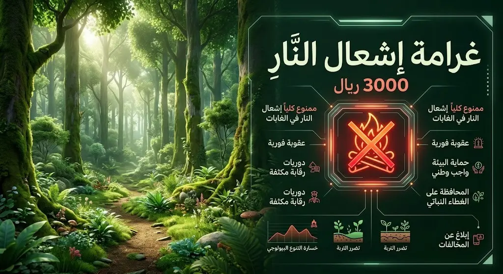 تصميم إنفوجرافيك يبرز عقوبة إشعال النار في المتنزهات والغابات بقيمة 3000 ريال مع خلفية لغابة خضراء وعلامة تحذيرية