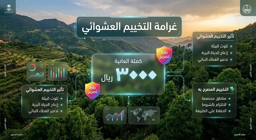 تصميم إنفوجرافيك يوضح عقوبة التخييم العشوائي في المتنزهات الوطنية بقيمة 3000 ريال وضرورة استخراج تصريح.