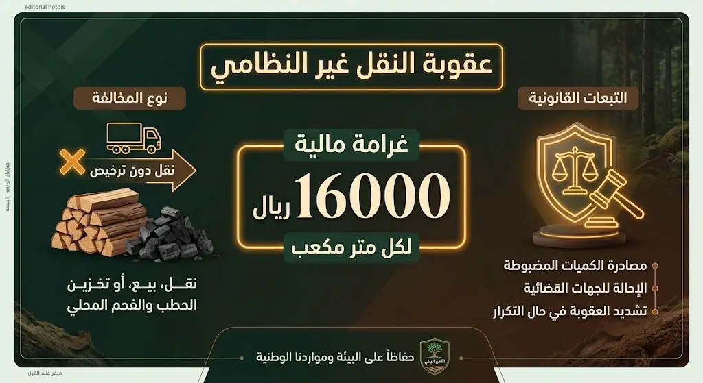 إنفوجرافيك يوضح عقوبة النقل غير النظامي للحطب والفحم المحلي والتي تصل إلى 16 ألف ريال للمتر المكعب.