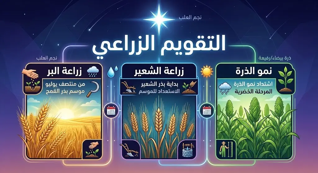 إنفوجرافيك زراعي يوضح المحاصيل المرتبطة بدخول نجم علب، تشمل زراعة البر والشعير ونمو الذرة.