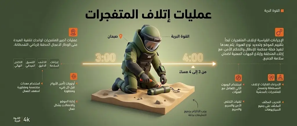 إنفوجرافيك يوضح عمليات إتلاف المتفجرات وتفكيك الشظايا من قبل هندسة القوة البرية في منطقة صبحان.
