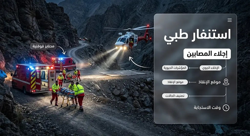 تصميم يدمج بين المشهد التعبيري لجهود الإنقاذ في الجبال ولوحة معلومات تبرز الاستنفار الطبي وعمليات إجلاء المصابين.