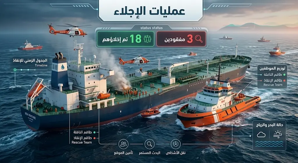 إنفوجرافيك يوضح إحصائيات طاقم الناقلة الباهية المستهدفة، حيث تم إخلاء 18 فرداً ولا يزال 3 في عداد المفقودين.