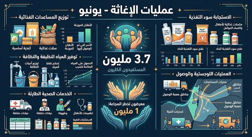 إنفوجرافيك احترافي يعرض إحصائيات عمليات الإغاثة في السودان خلال شهر يونيو، موضحاً وصول المساعدات لـ 3.7 ملايين شخص من بينهم مليون معرضون للمجاعة.
