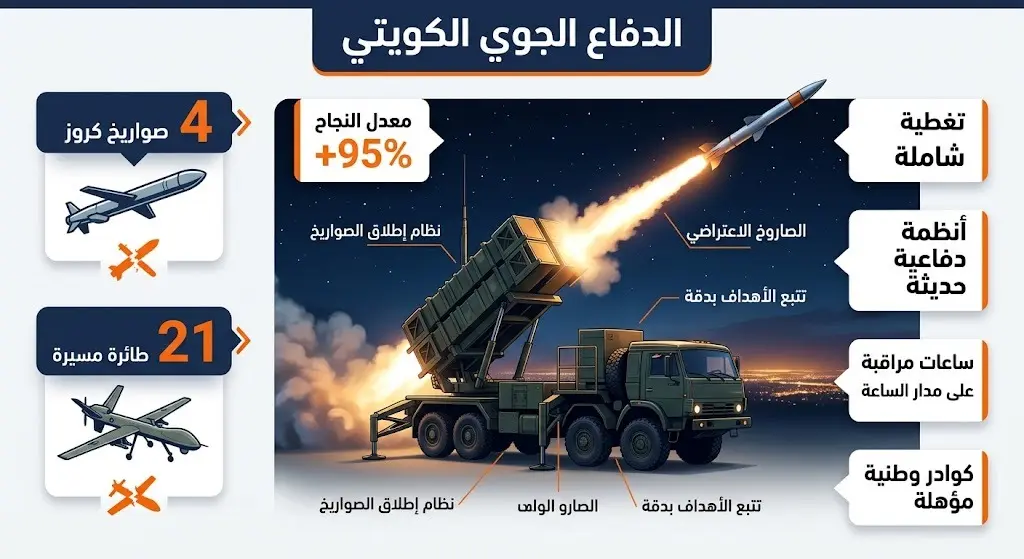 إنفوجرافيك تفاعلي يوضح حصيلة الاعتراضات الجوية في الكويت، مبيناً تدمير 4 صواريخ كروز و21 طائرة مسيرة.