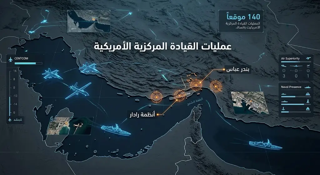 إنفوجرافيك عسكري يوضح نطاق عمليات القيادة المركزية الأمريكية واستهداف أكثر من 140 موقعاً عسكرياً إيرانياً