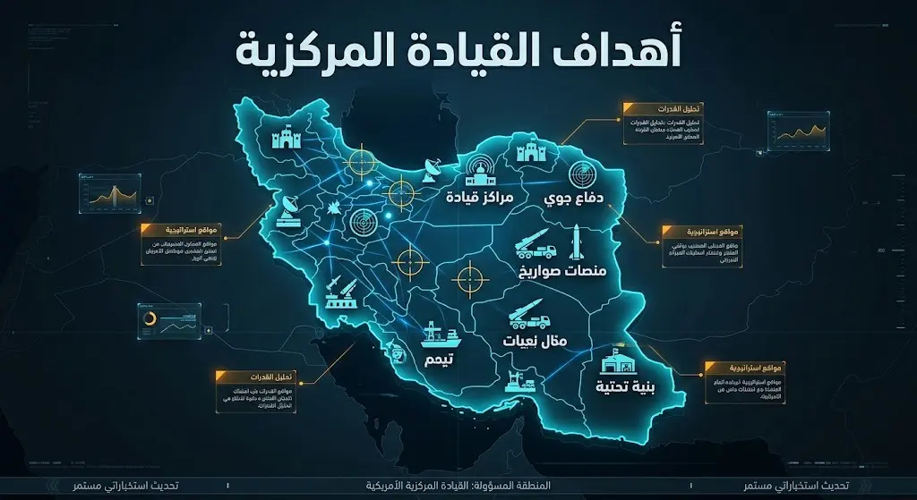 تصميم بصري يستعرض بنك الأهداف الإيرانية التي استهدفتها القيادة المركزية الأمريكية، مثل مراكز القيادة والدفاع الجوي ومنصات الصواريخ.