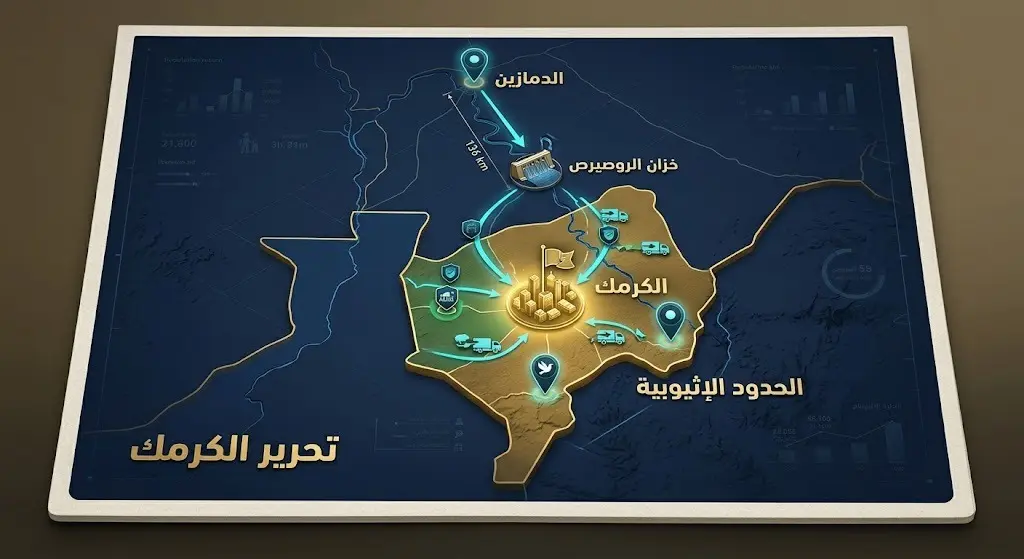 تصميم بياني وخريطة استراتيجية تستعرض موقع مدينة الكرمك وأهميتها الحيوية لقربها من الحدود الإثيوبية وخزان الروصيرص.