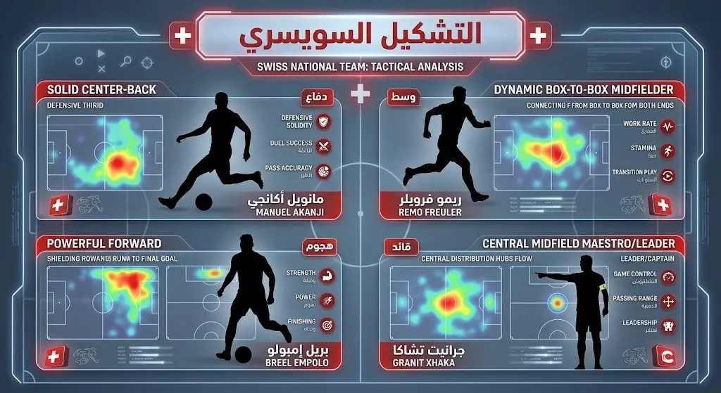إنفوجرافيك تكتيكي يستعرض أبرز مفاتيح لعب المنتخب السويسري وأدوارهم المحورية، مبرزاً مراكز تشاكا، أكانجي، إمبولو، وفريلير.