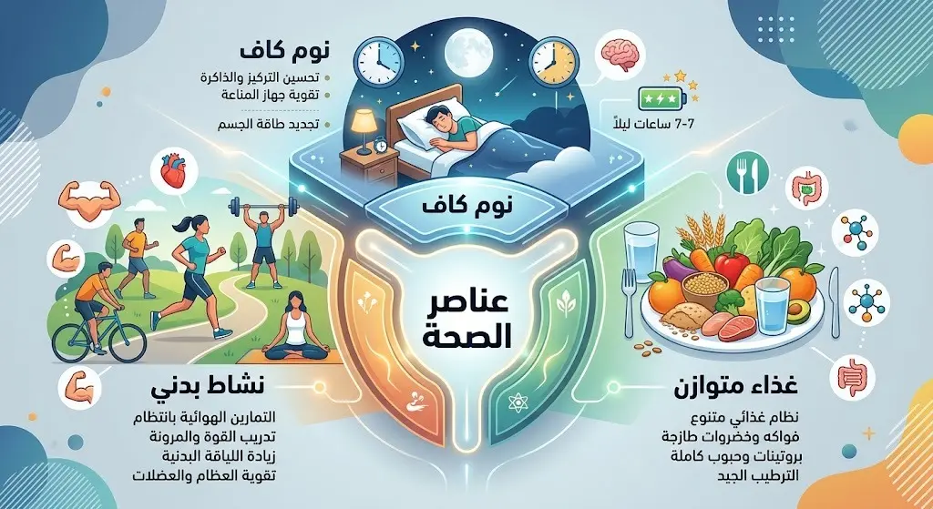 تصميم بصري يستعرض العناصر الثلاثة الأساسية للصحة: النوم الكافي، النظام الغذائي المتوازن، والنشاط الرياضي.