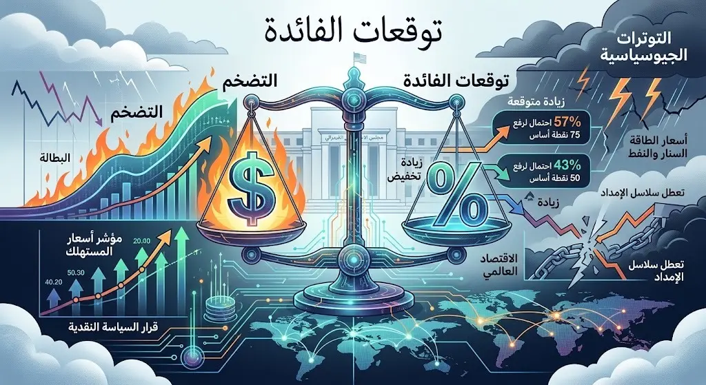 تصميم تعبيري يجسد تأثير التوترات الجيوسياسية وتوقعات الفائدة الأمريكية على الاقتصاد العالمي وقوة الدولار.