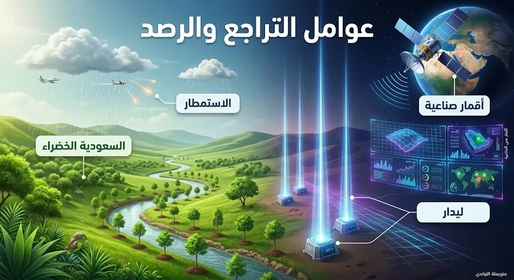 تصميم إبداعي يدمج بين المبادرات البيئية كالسعودية الخضراء والاستمطار، وتقنيات الرصد الحديثة كالأقمار الصناعية والليدار التي ساهمت في الحد من العواصف.