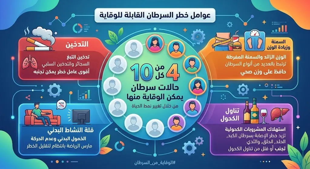 تصميم بصري يوضح عوامل الخطر الرئيسية المسببة للسرطان مثل التدخين والسمنة، مع إبراز نسبة 4 من كل 10 حالات يمكن الوقاية منها.