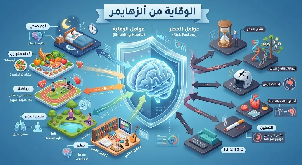 إنفوجرافيك يوضح العادات اليومية للوقاية من ألزهايمر كالنوم الجيد والتغذية السليمة والرياضة.