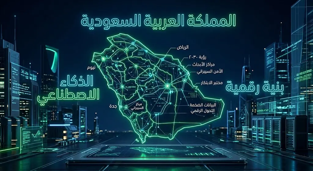 تصميم فني ثلاثي الأبعاد يبرز التطور التقني وشبكات الذكاء الاصطناعي المتقدمة في المملكة