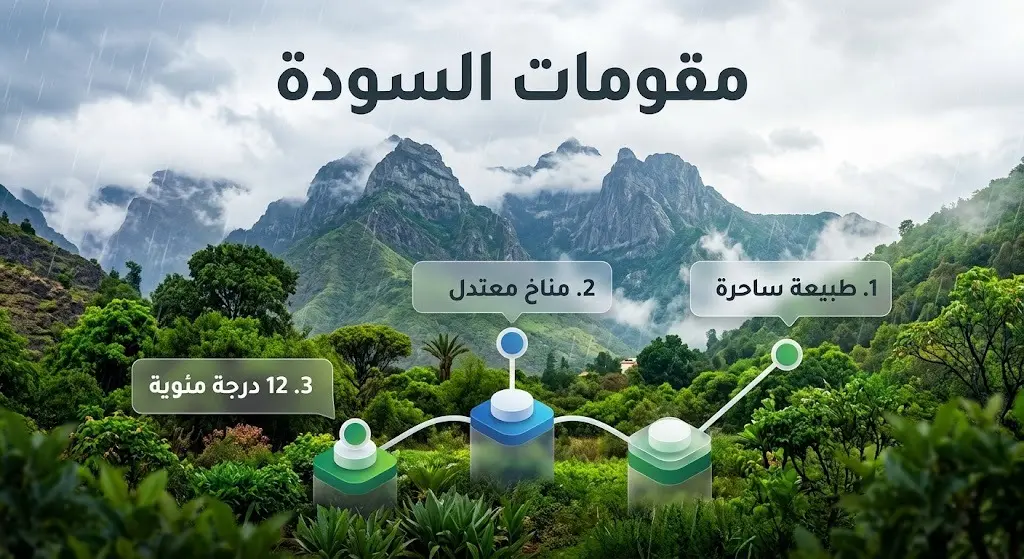 إنفوجرافيك عصري يستعرض أبرز مقومات السياحة في السودة، تشمل الطبيعة الجبلية الساحرة، المناخ المعتدل، والغطاء النباتي المتنوع.