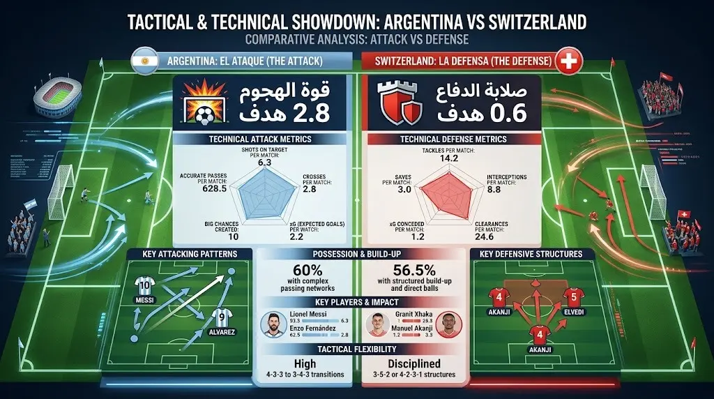 تصميم فني يقارن بين القوة الهجومية لمنتخب الأرجنتين بمتوسط 2.8 هدف، والصلابة الدفاعية لسويسرا بمتوسط 0.6 هدف.