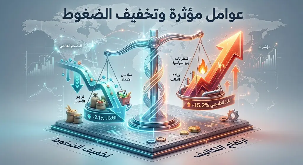 تصميم بصري يجسد العوامل العالمية المؤثرة على التضخم، موضحاً تراجع أسعار الغذاء مقابل ارتفاع أسعار الغاز الطبيعي.