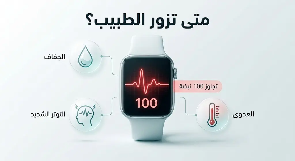 تصميم يبرز العوامل اليومية لتسارع النبض كالجفاف والتوتر، مع تحذير لزيارة الطبيب عند تجاوز النبض 100 دقة في الدقيقة